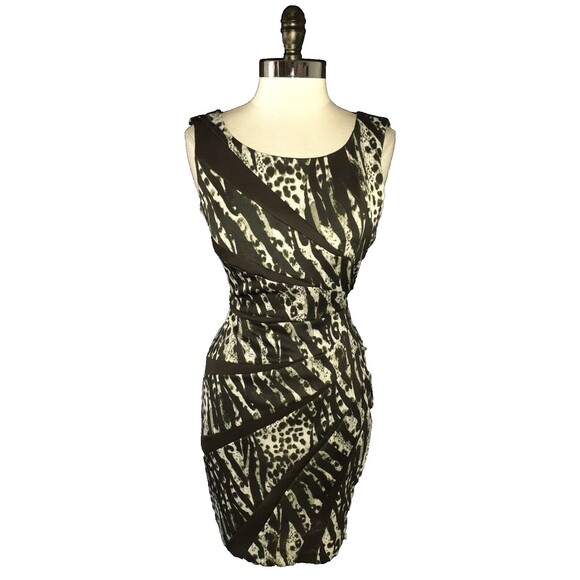 GUESS Size 12 Sheath Dress Black Grey Animal Print Sleeveless Stretch - Picture 1 of 6